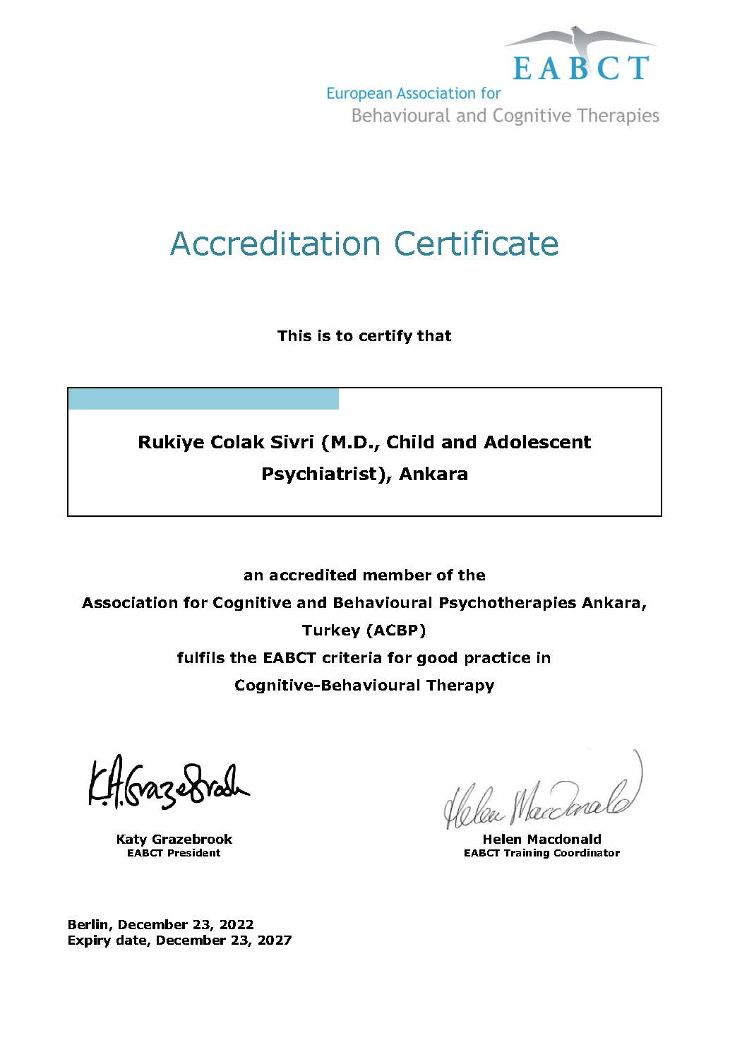 EABCT Accreditation Certificate